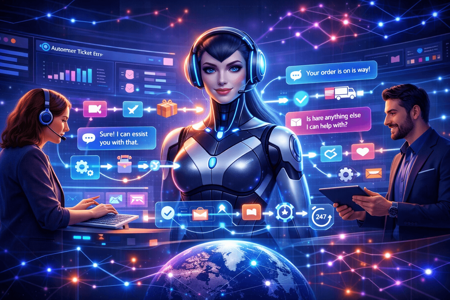 image shows the Chatbot Services for Website Customer Support and an ai bot 