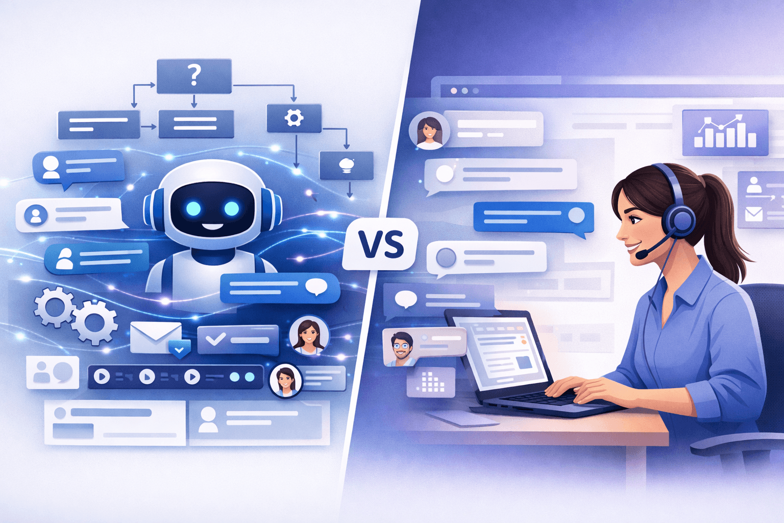 Image shows the difference between Customer Support Chatbot vs Live Chat Support Pros and Cons