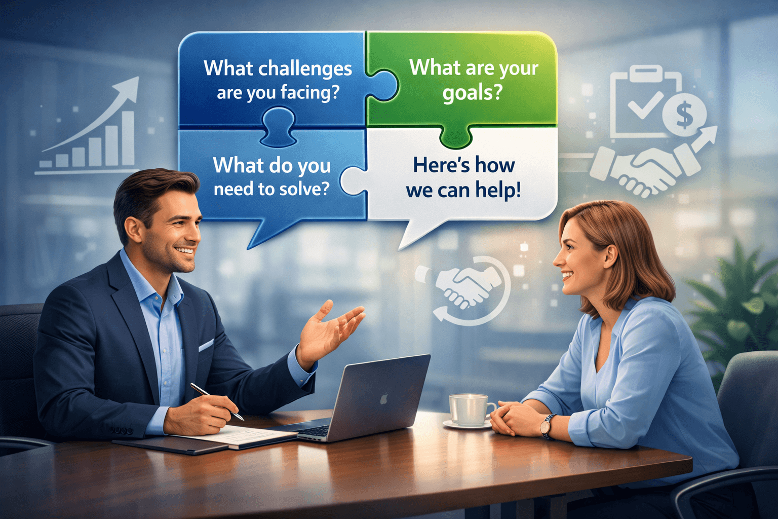image shows the executive probing right questions to client